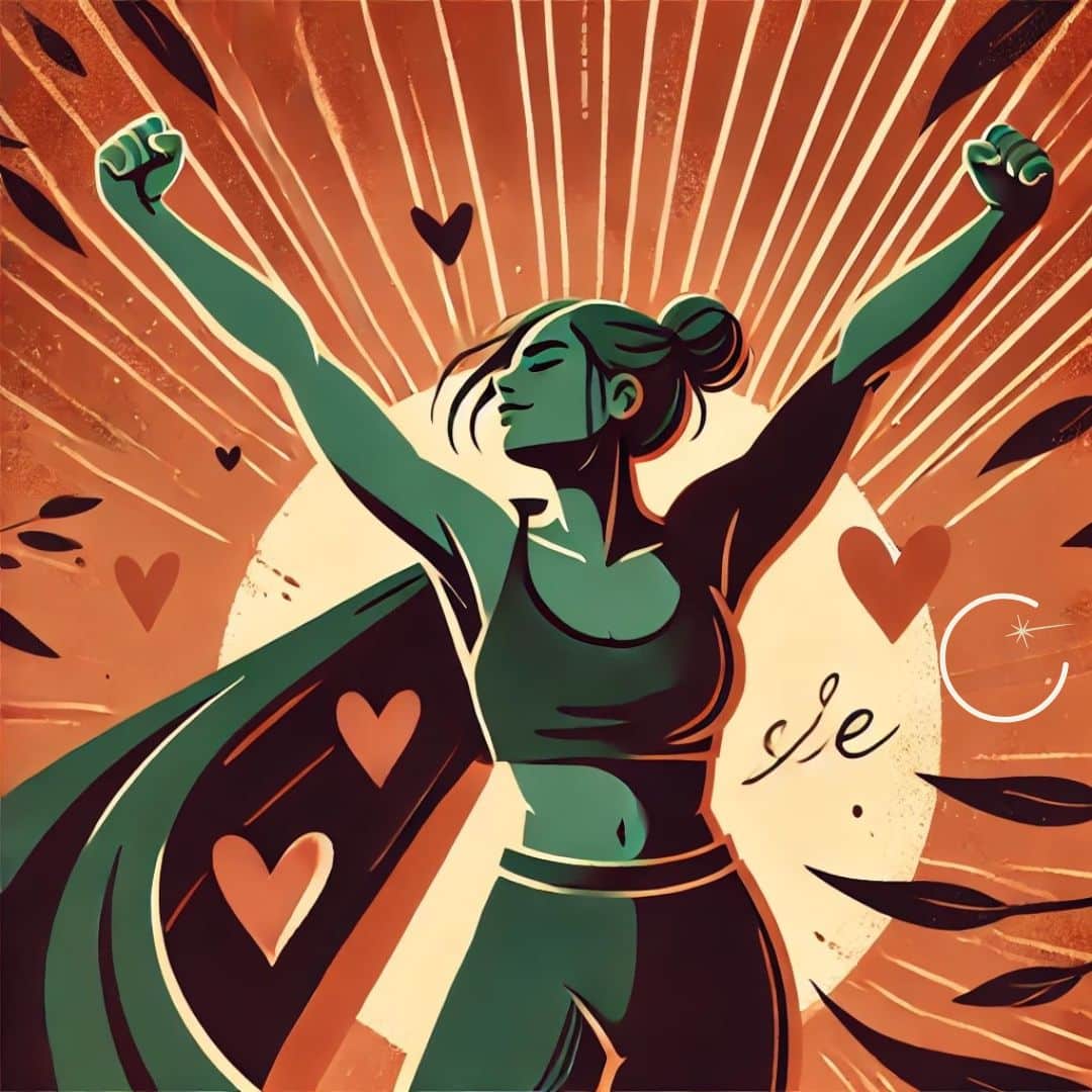 Image d'une jeune fille avec une cape. Elle a l'air bien dans sa peau. Elle a confiance en elle avec ses deux bras tendus vert le ciel en forme de V. Elle se sent à l'aise, affranchi du regard de l'autre, bien dans ses baskets.