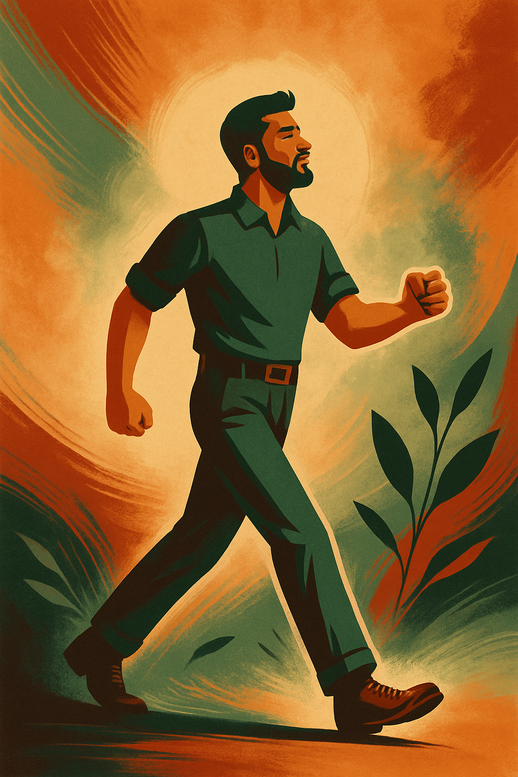 L'image représente un homme, l'air sereine en action, il marche, il est dans le moment présente. Un halo de lumière l'entoure renforçant cette idée d'être ici et maintenant.